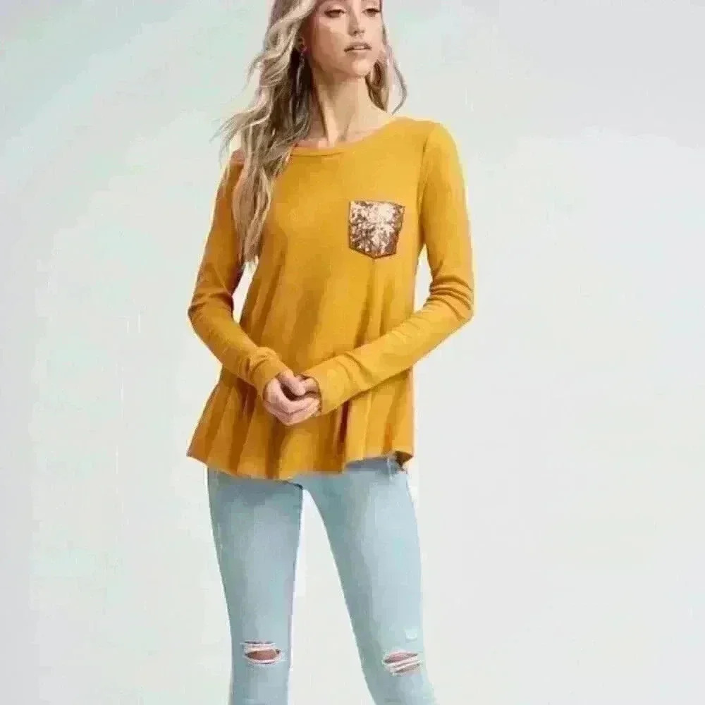 9. Mustard Thermal Top with Sequin Pocket and‎ Buttons - Picture 4 of 5